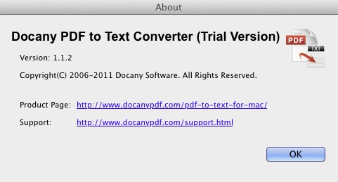 Docany PDF to Text Converter 1.1 : About window