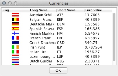 Eurocalc 1.0 : Currencies Window