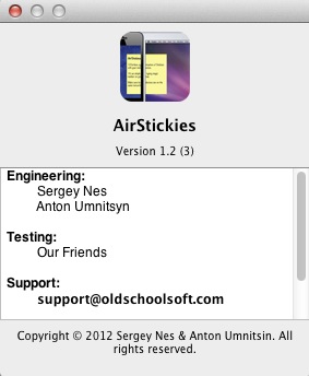 AirStickies - Confidential sync with your phone 1.2 : About window