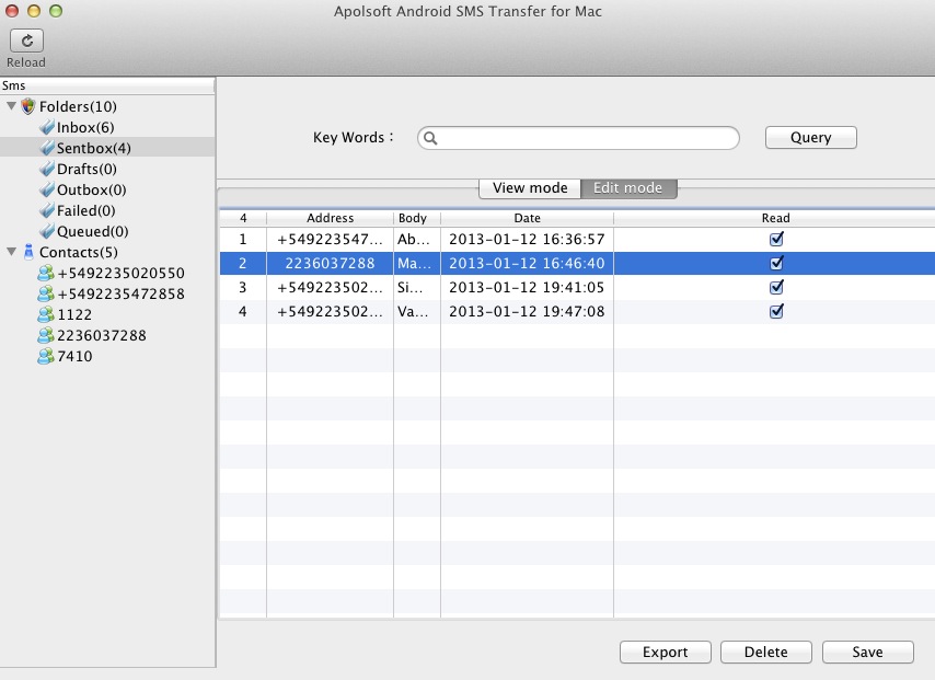 Apolsoft Android SMS Transfer for Mac 3.0 : Edit mode