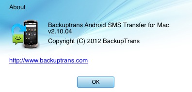 BackupTrans Android SMS Transfer 2.1 : About window