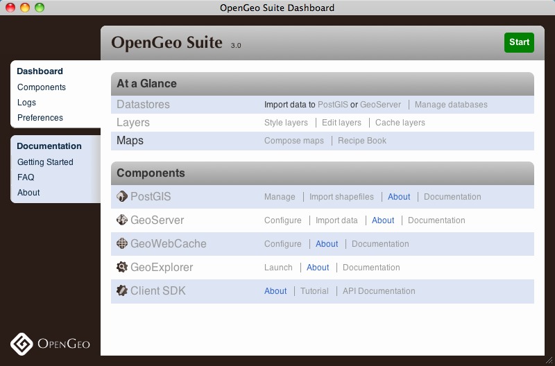 OpenGeo Dashboard 3.0 : Main window