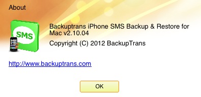 BackupTrans iPhone SMS Backup And Restore 2.1 : About window