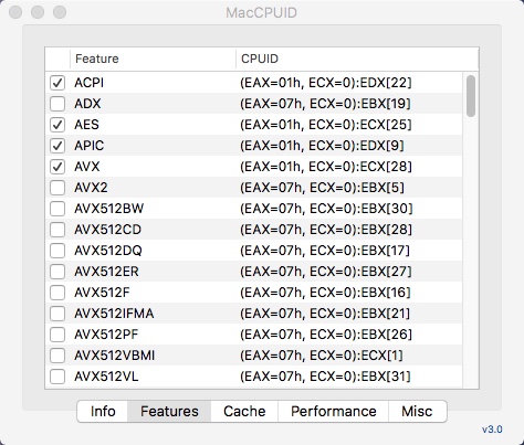 MacCPUID 3.0 : Features Window