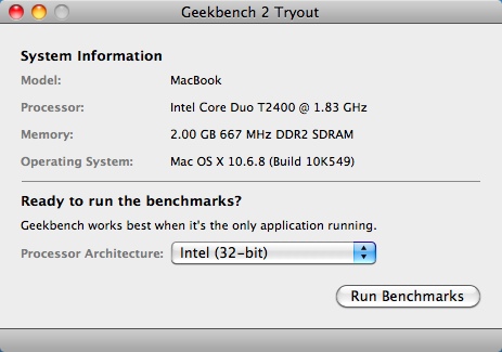 Geekbench 2.4 : Main Window