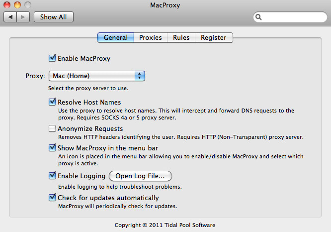 MacProxy 2.0 : Preferences window