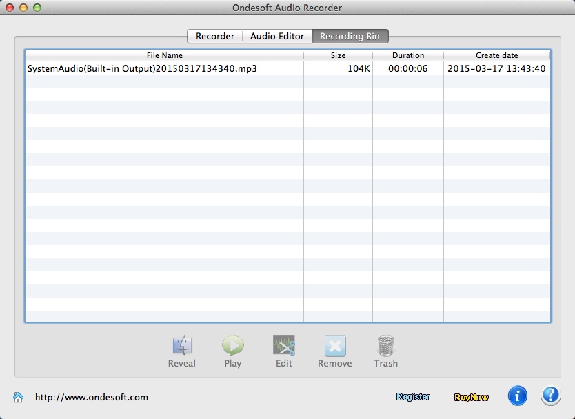 Ondesoft Audio Recorder for Mac 3.2 : Recording Bin Window