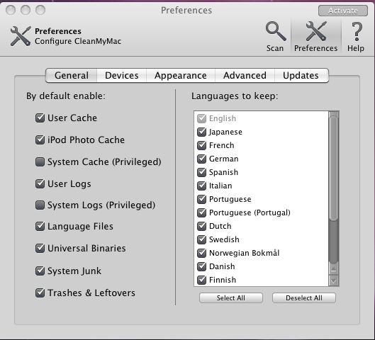 CleanMyMac 1.9 : Preferences
