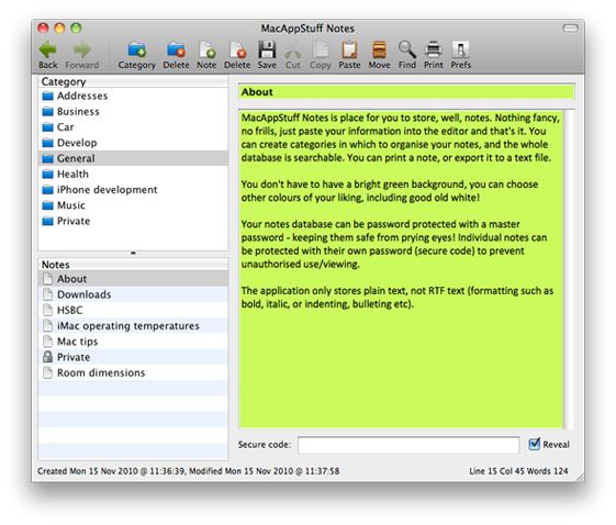 MacAppStuff Notes 1.0 : Main window