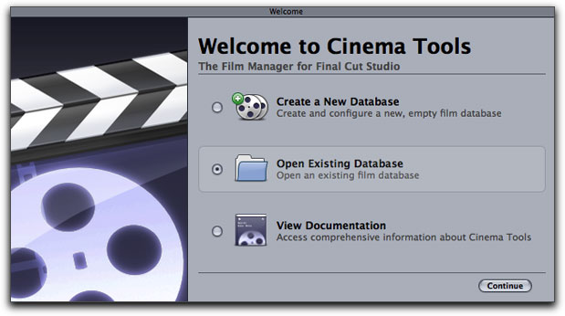 Cinema Tools : Welcome page