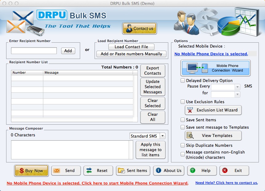 DRPU Bulk SMS (Demo) 9.0 : Main window
