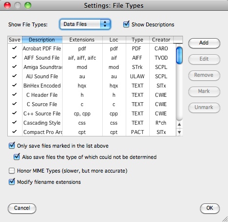 PageSucker 3.2 : Selecting File Types