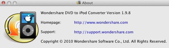 Wondershare DVD to iPod Converter 1.9 : About window