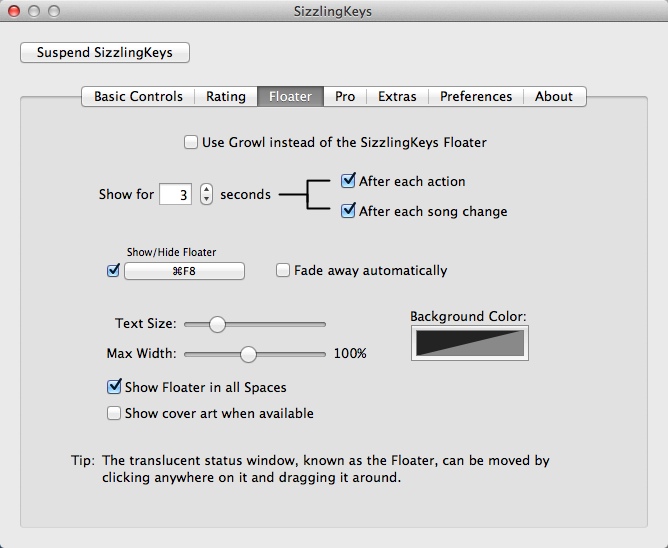 SizzlingKeys 5.1 : Configuring Floater Settings