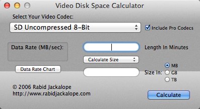 Video Disk Space Calculator 1.1 : Main Window