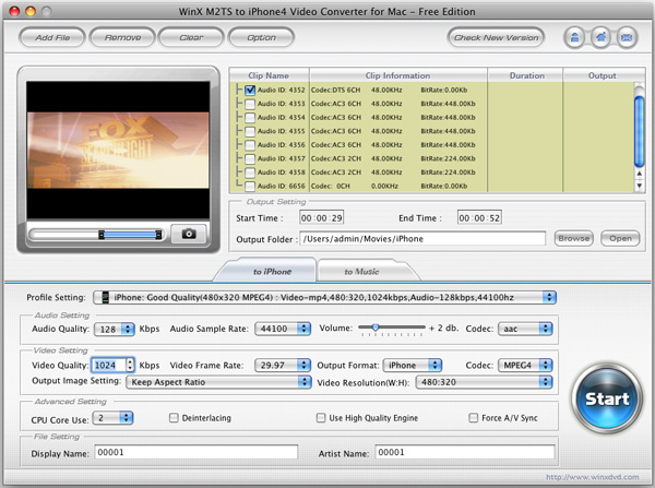 WinX M2TS to iPhone 4 Converter for Mac 2.8 : Main Window