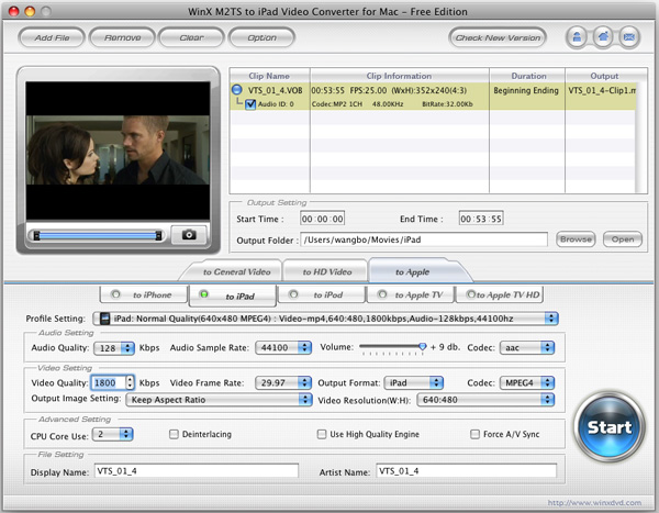 WinX M2TS to iPad Converter for Mac 2.9 : Main Window