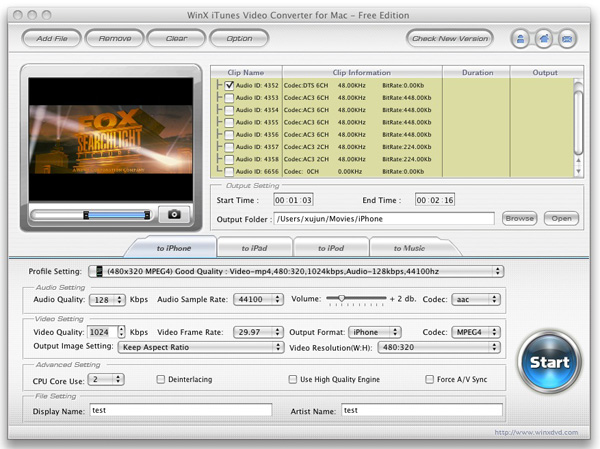 WinX iTunes Video Converter for Mac 2.8 : Main Window