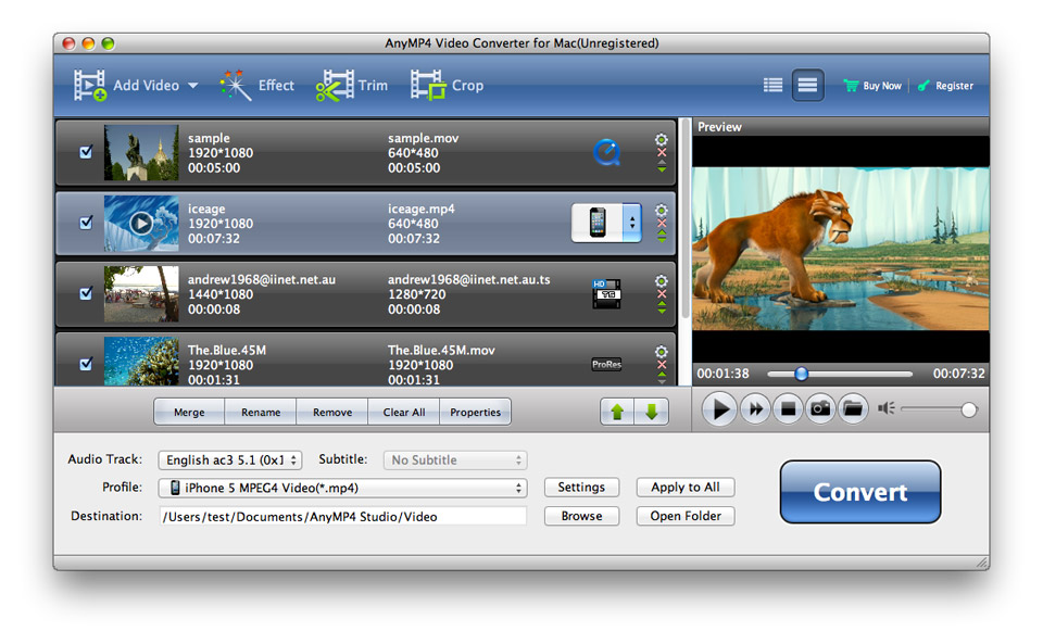 AnyMP4 Video Converter for Mac 6.1 : Main Window