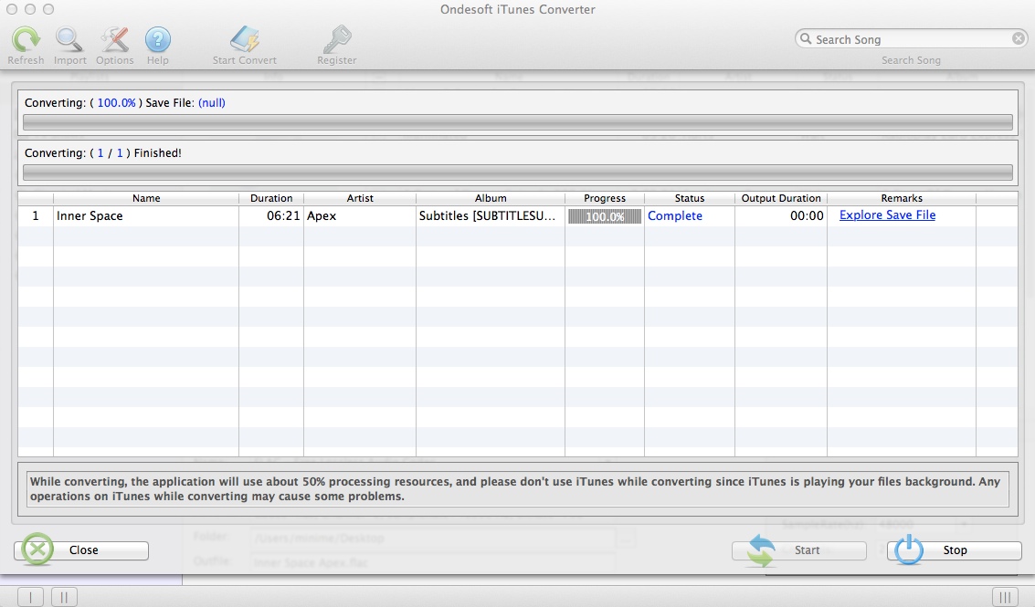 Ondesoft iTunes Converter 1.3 : Conversion Results Window