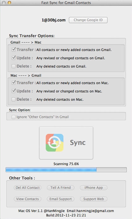 Fast Sync for Gmail Contacts 1.2 : Main Window