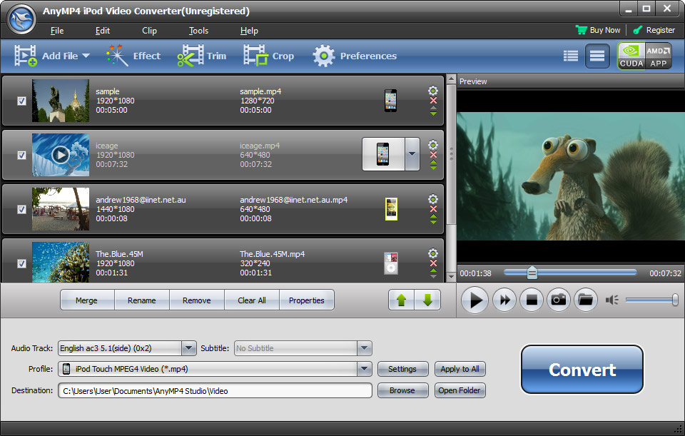 AnyMP4 iPod Video Converter 6.1 : Main Window
