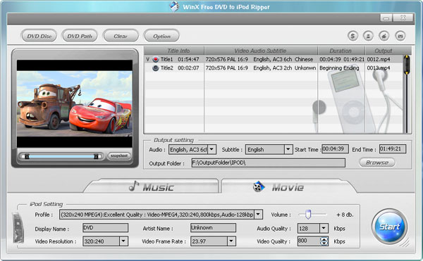 WinX Free DVD to iPod Ripper 4.1 : Main Window
