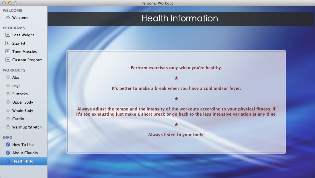 Personal Workout 2.0 : Health Information Window