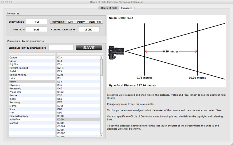 Depth of Field & Exposure Calculator 1.2 : Depth of Field & Exposure Calculator screenshot