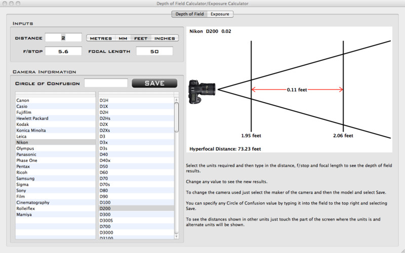 Depth of Field & Exposure Calculator 1.2 : Depth of Field & Exposure Calculator screenshot
