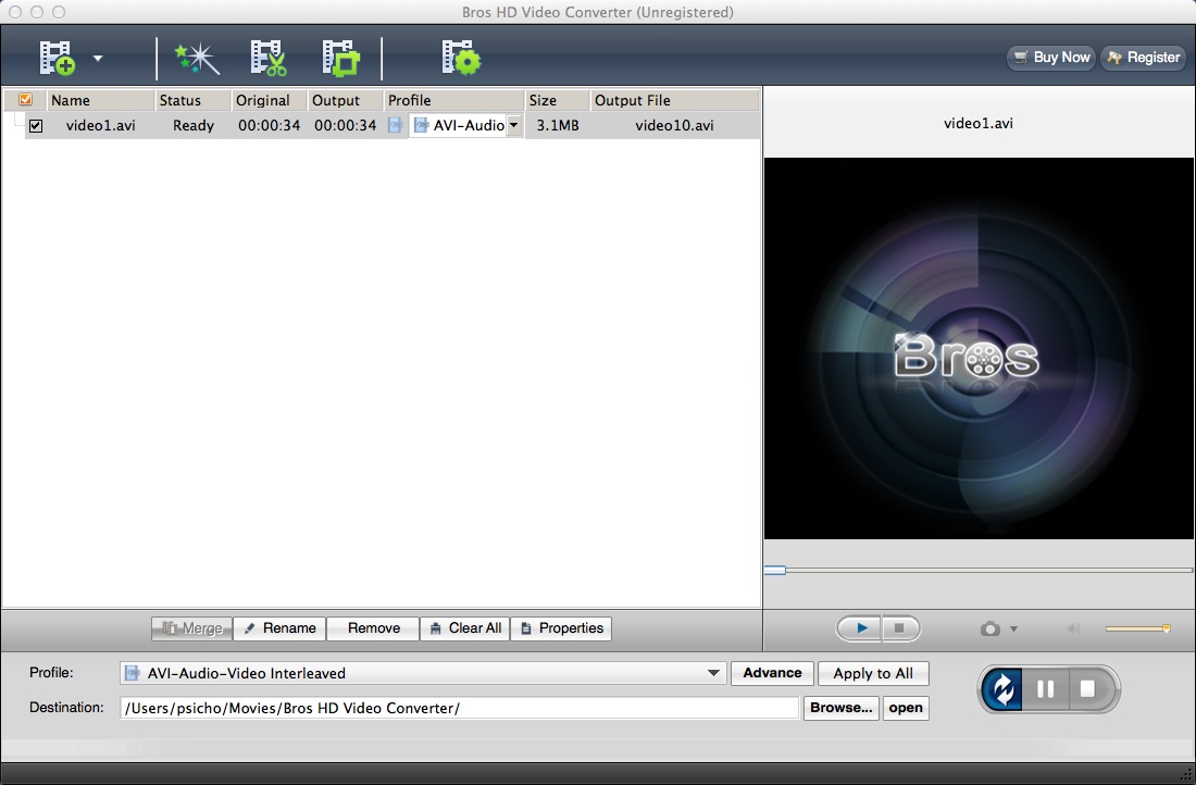 Bros HD Converter for Mac 2.7 : Main Window
