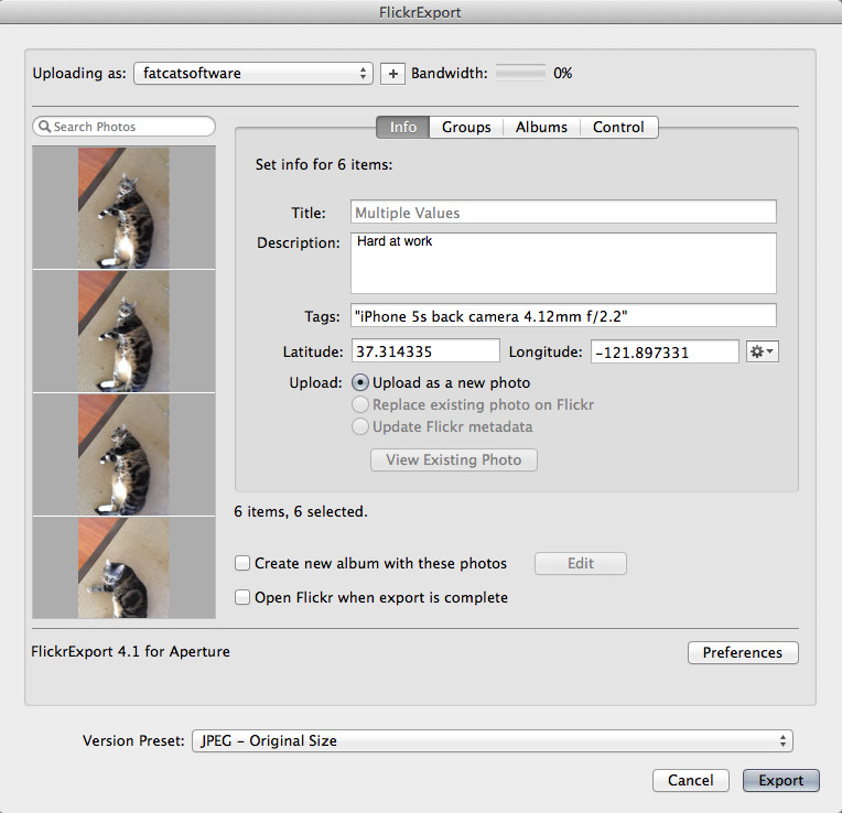 Install FlickrExport for Aperture 4.1 : Main Window
