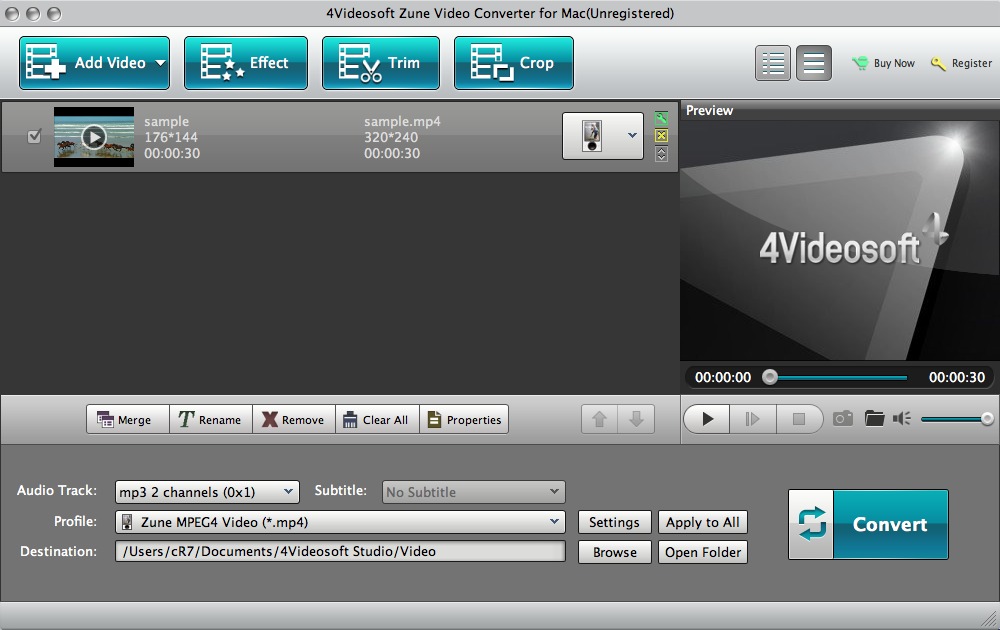 4Videosoft Zune Video Converter for Mac 5.0 : Main Window