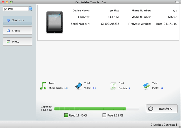 iPod to Mac Transfer Pro 1.0 : Main window