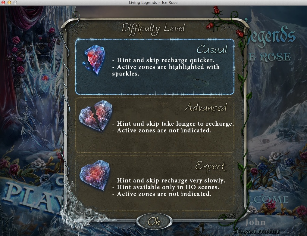 Living Legends: Ice Rose : Selecting Game Difficulty