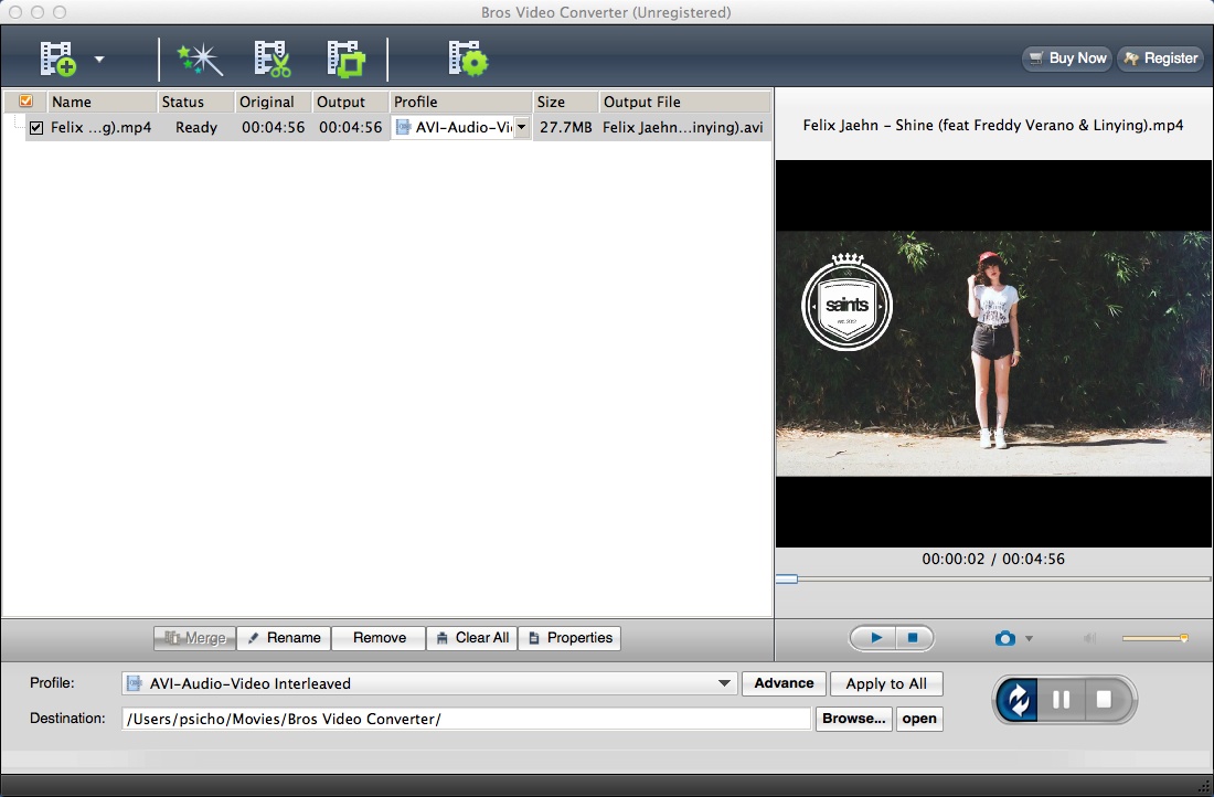 Bros Video Converter for Mac 2.7 : Main Window