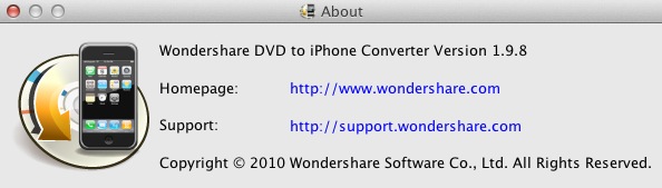 Wondershare DVD to iPhone Converter 1.9 : About window