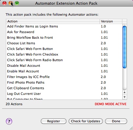Automator Extension Action Pack 3.0 : Main windows