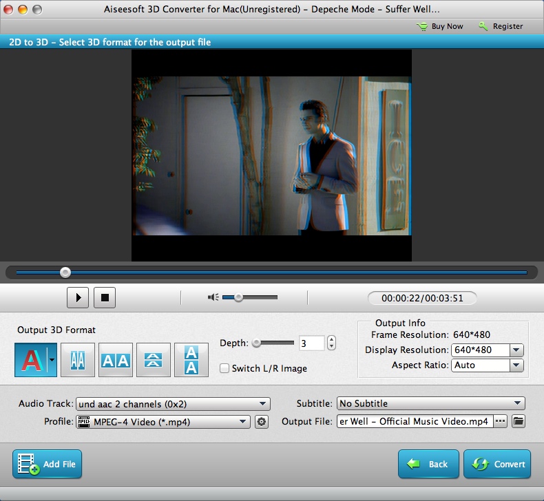 Aiseesoft 3D Converter for Mac 6.3 : Configuring 2D To 3D Video Output Settings