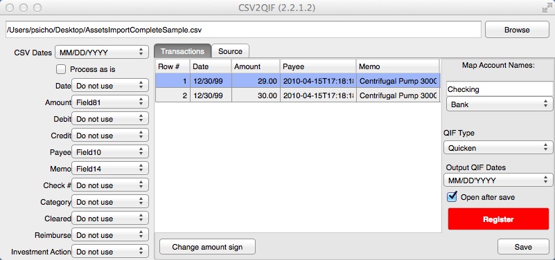 CSV2QIF 2.2 : Main Window
