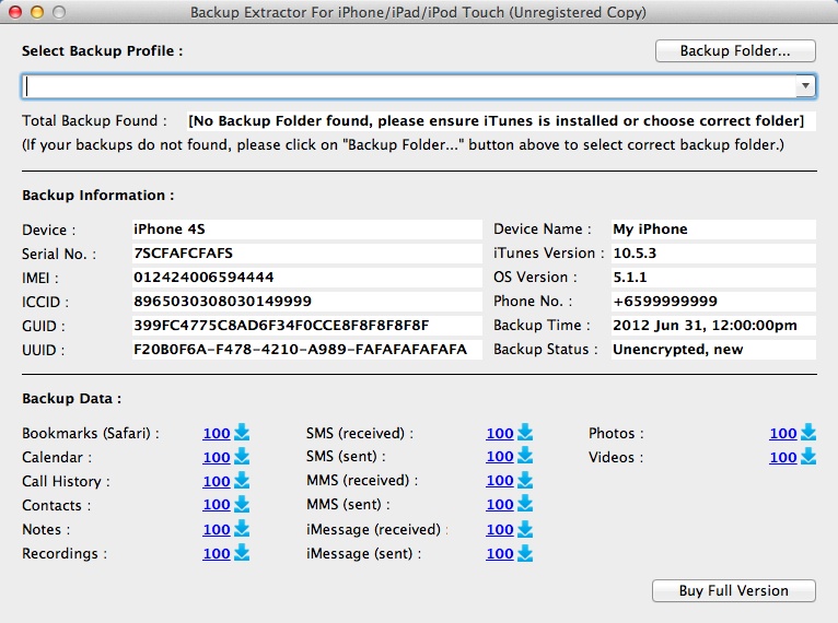 Backup Extractor for iPhone/iPad/iPod Touch 1.1 : Main Window