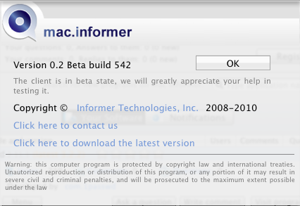 Mac Informer 0.2 beta : About window