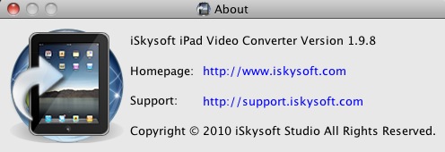 iSkysoft iPad Video Converter 1.9 : About window