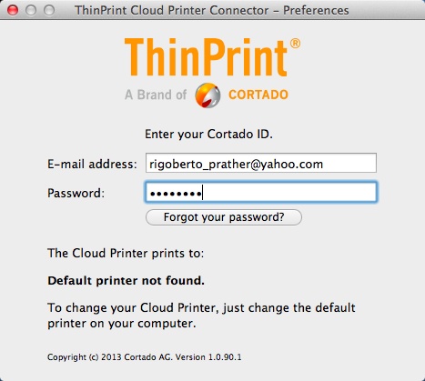 ThinPrint Cloud Printer Connector 1.0 : Login Window