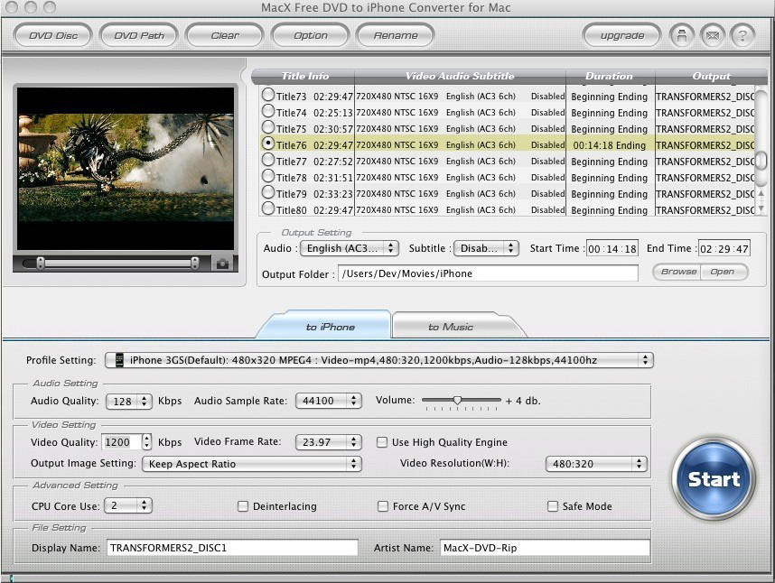MacX DVD to iPhone Converter Mac 2.0 : Main Window