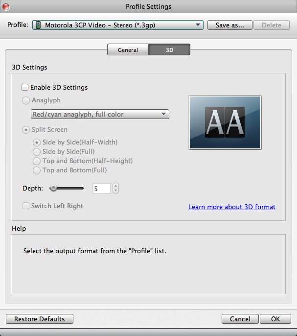 Aiseesoft Video Converter for Mac 8.0 : Configuring 3D Video Settings