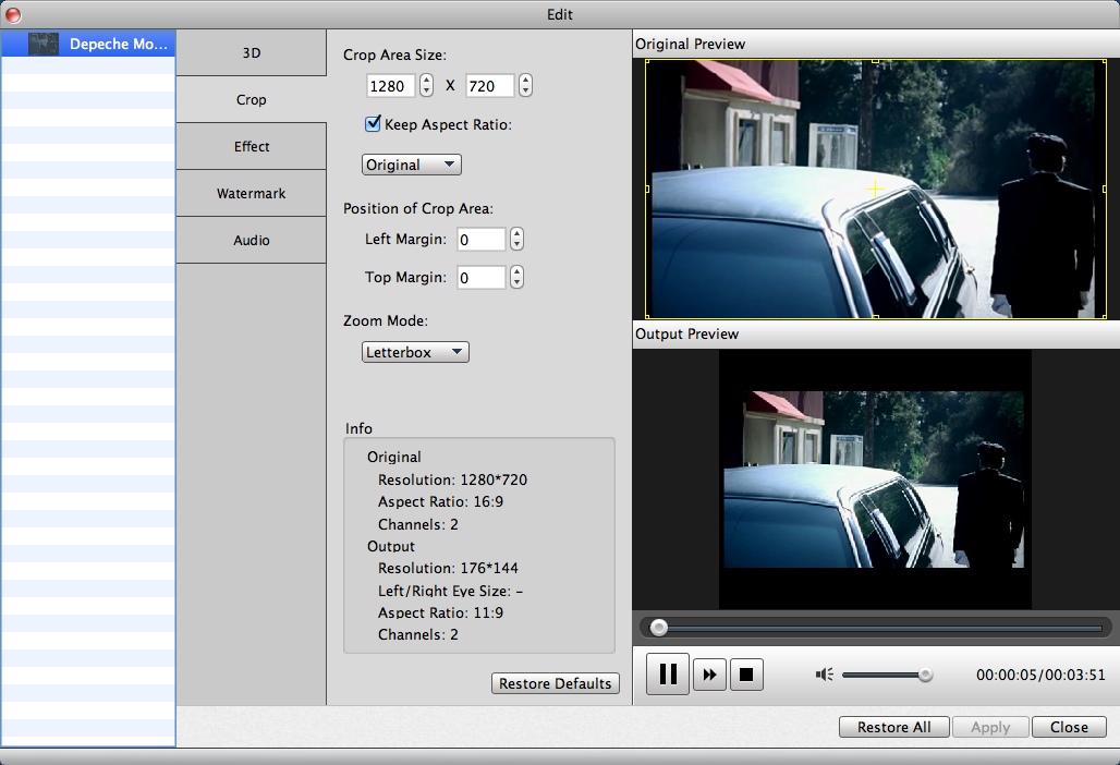 Aiseesoft Video Converter for Mac 8.0 : Cropping Input Video