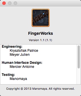 FingerWorks 1.1 : About Window