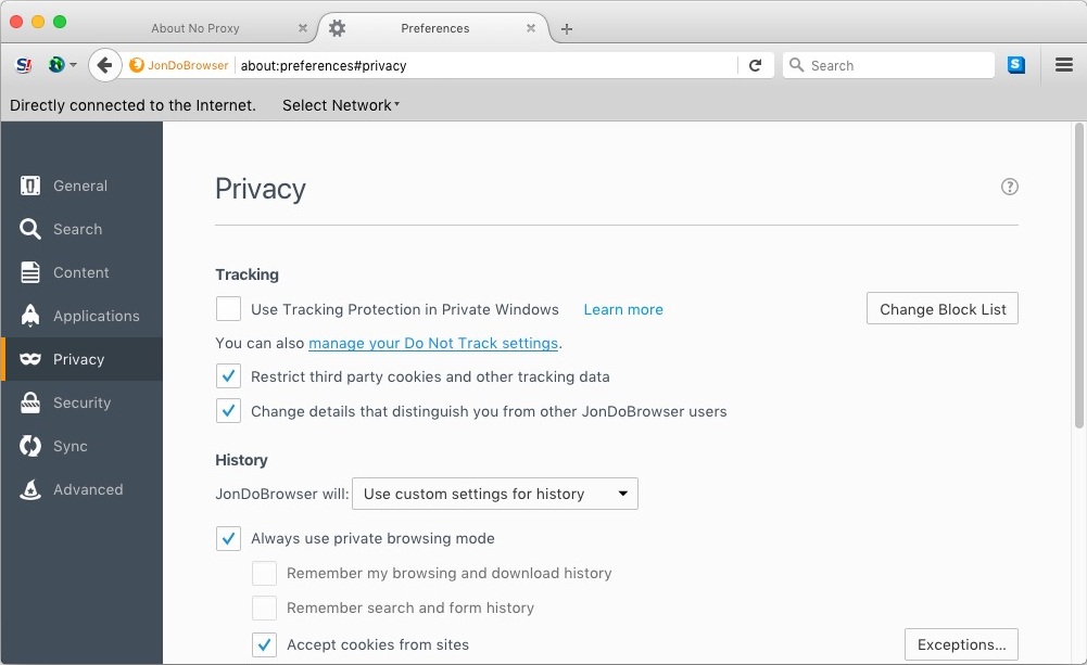 JonDoBrowser 7.5 : Privacy Settings