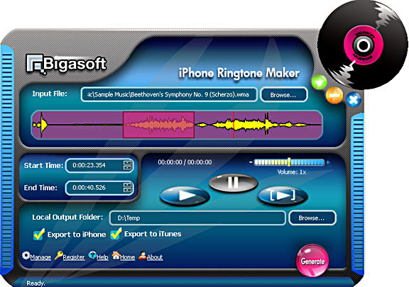 Bigasoft iPhone Ringtone Maker 1.1 : Main window